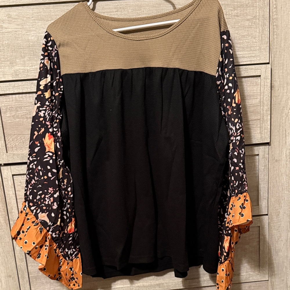 SHEIN Tan and Black Blouse with Floral Sleeves